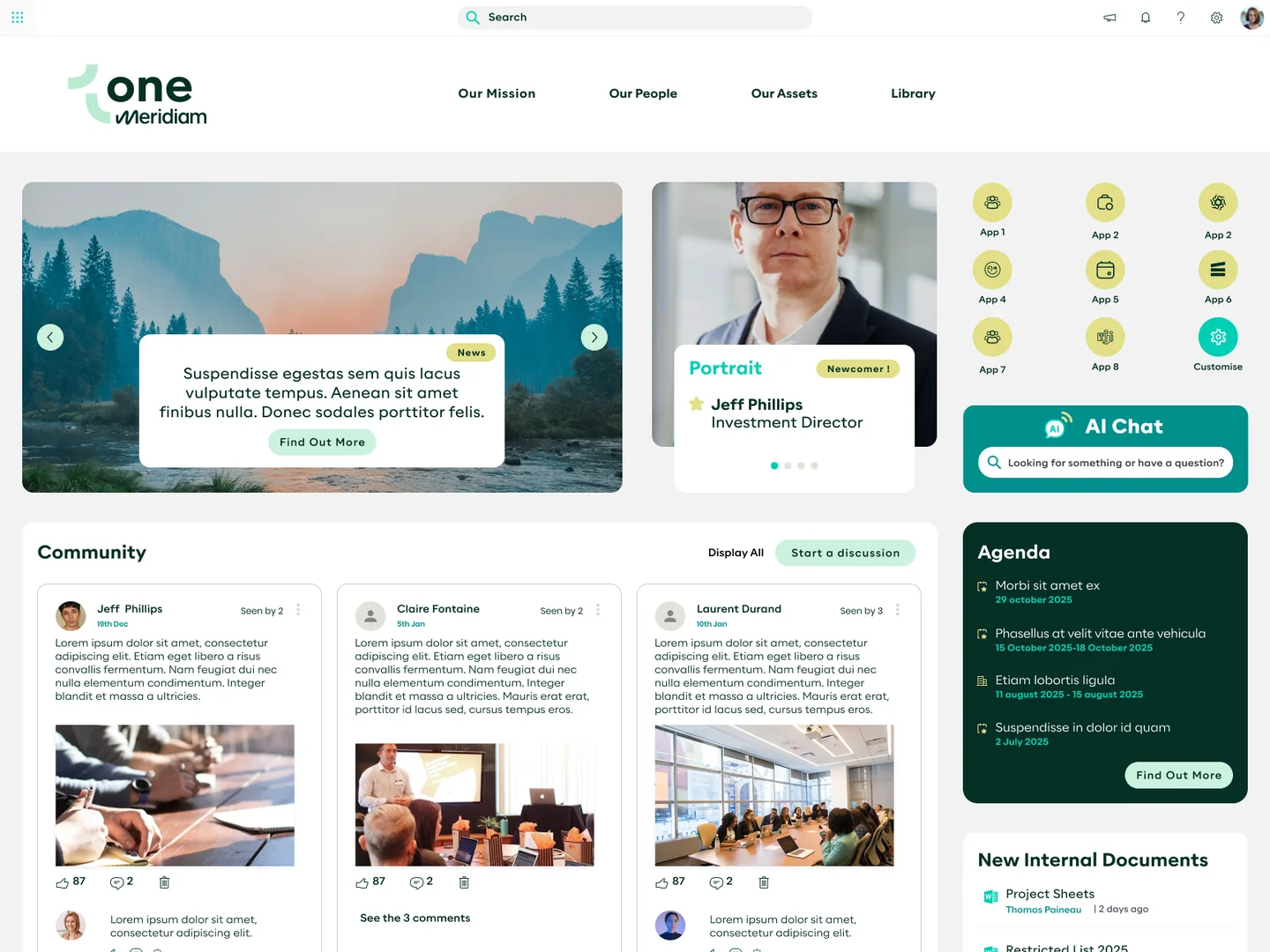 Exemple d’intranet réalisé avec iShare COM : page d’accueil avec actualités, portraits, applications et communauté.